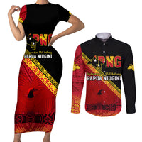 Papua New Guinea Couples Matching Short Sleeve Bodycon Dress and Long Sleeve Button Shirts Independen Stet bilong Papua Niugini Unique Version LT14 Red - Polynesian Pride