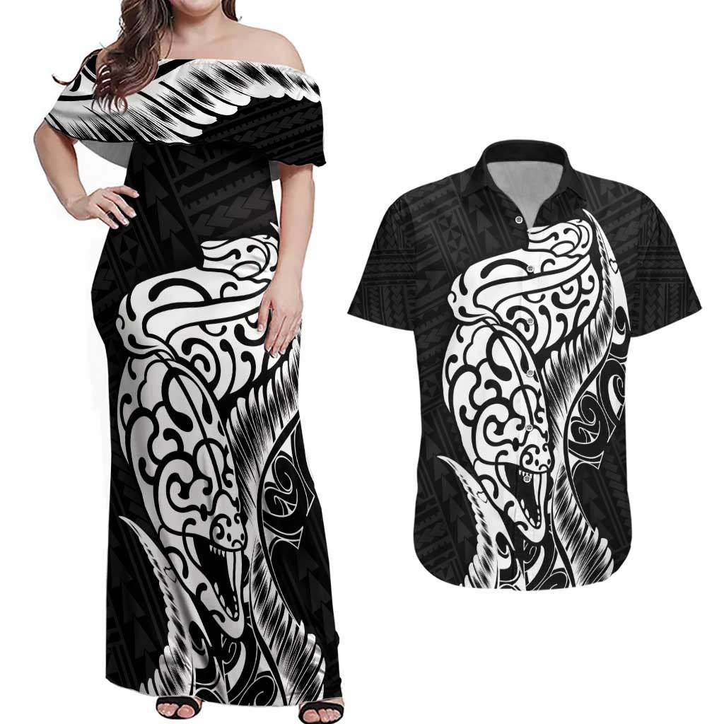New Zealand Eel Couples Matching Off Shoulder Maxi Dress and Hawaiian Shirt Tuna Aotearoa Maori Patten - Black