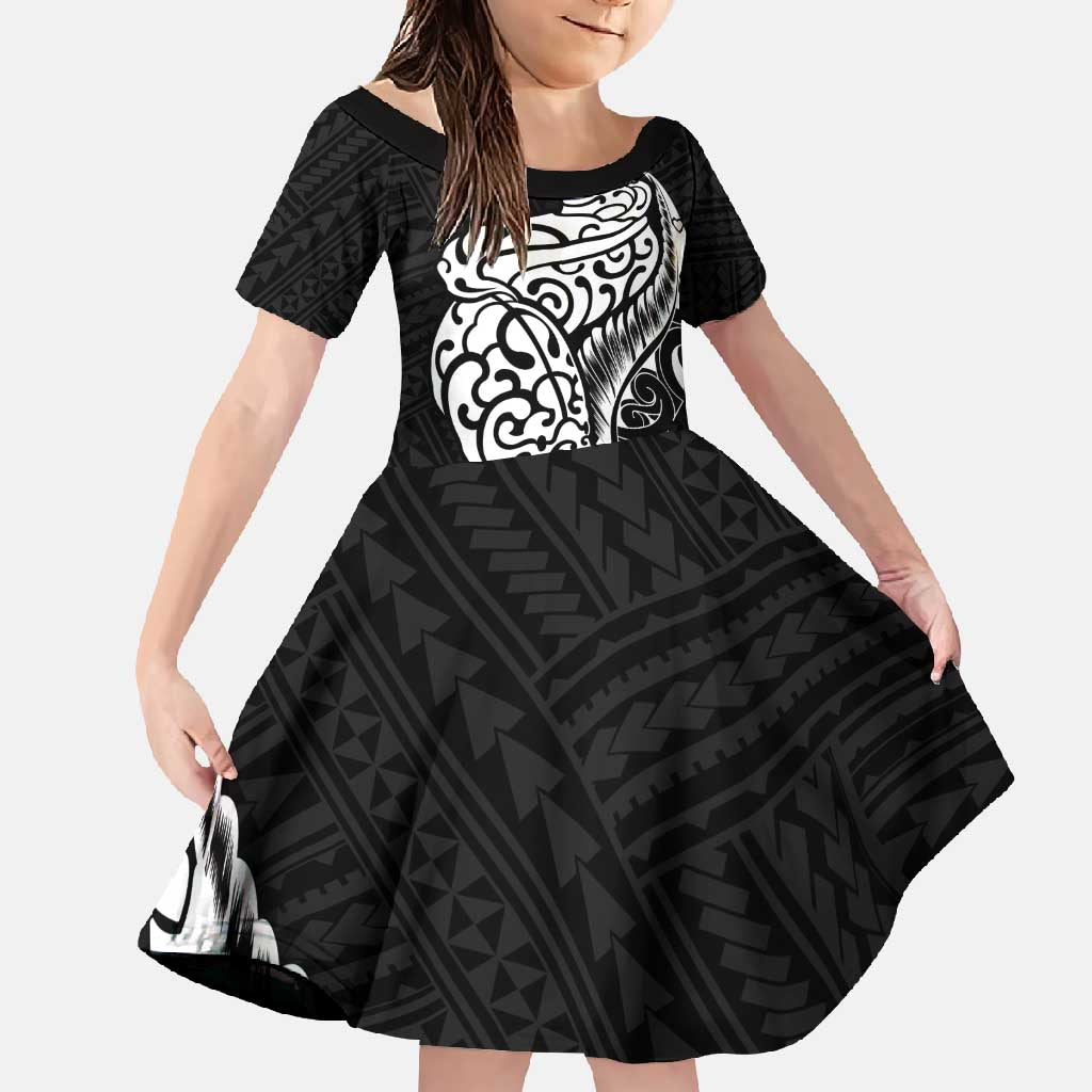 New Zealand Eel Family Matching Off Shoulder Maxi Dress and Hawaiian Shirt Tuna Aotearoa Maori Patten - Black