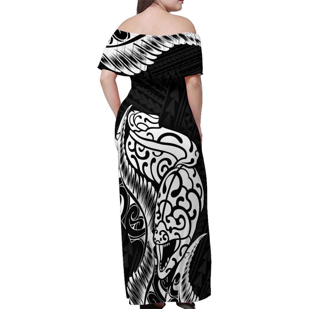 New Zealand Eel Family Matching Off Shoulder Maxi Dress and Hawaiian Shirt Tuna Aotearoa Maori Patten - Black
