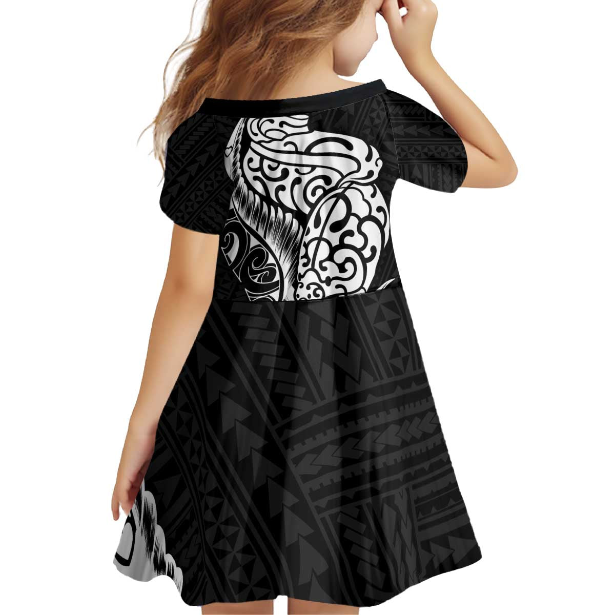 New Zealand Eel Family Matching Off Shoulder Short Dress and Hawaiian Shirt Tuna Aotearoa Maori Patten - Black
