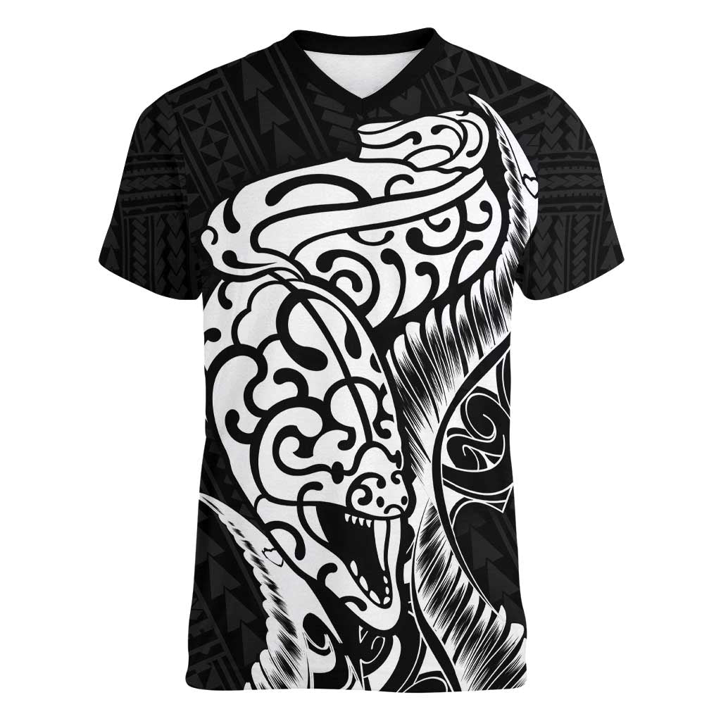 New Zealand Eel Women V-Neck T-Shirt Tuna Aotearoa Maori Patten - Black LT14 Female Black - Polynesian Pride