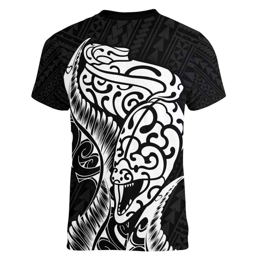 New Zealand Eel Women V-Neck T-Shirt Tuna Aotearoa Maori Patten - Black LT14 - Polynesian Pride
