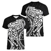 New Zealand Eel Women V-Neck T-Shirt Tuna Aotearoa Maori Patten - Black LT14 - Polynesian Pride