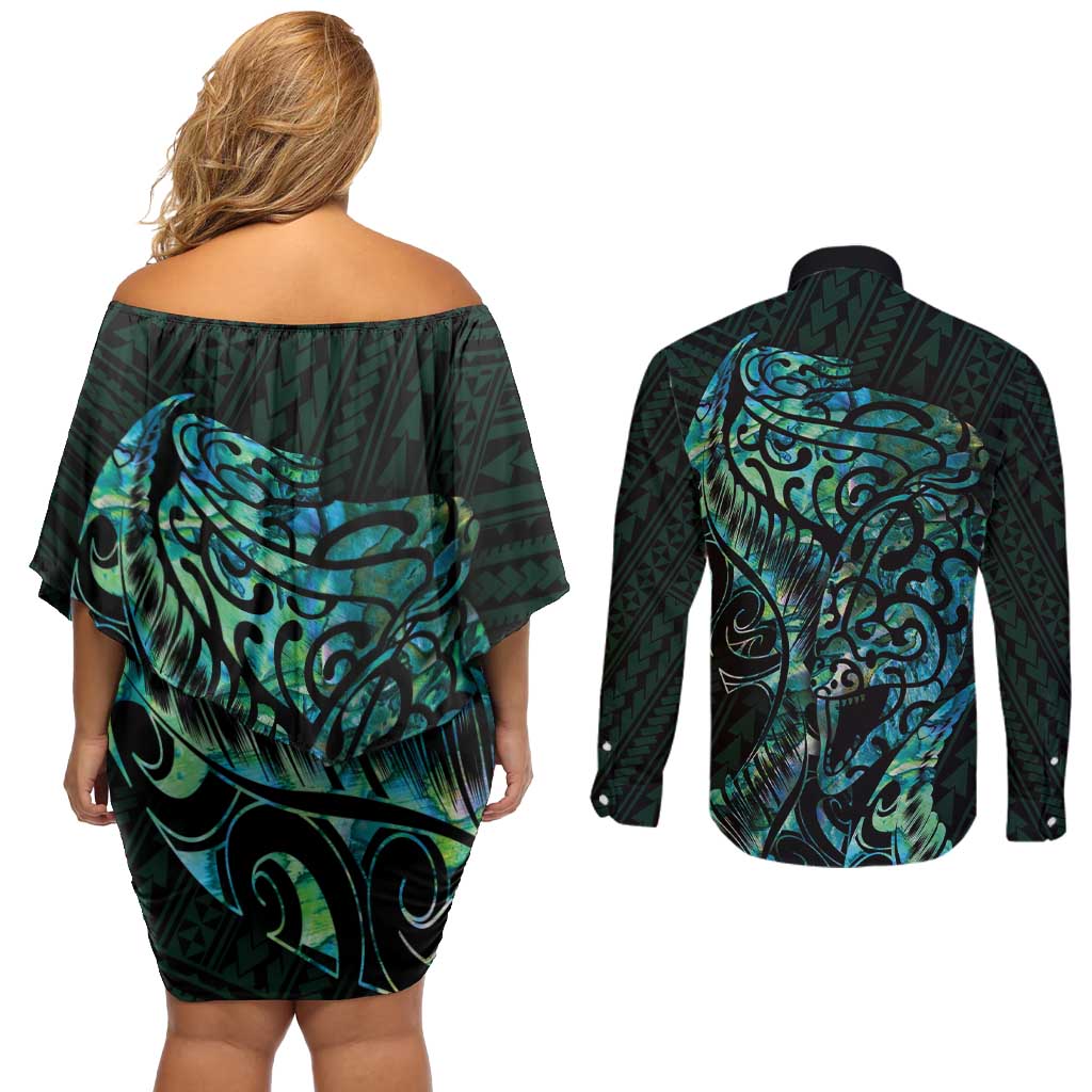 New Zealand Eel Couples Matching Off Shoulder Short Dress and Long Sleeve Button Shirt Tuna Aotearoa Maori With Paua Shell - Turquoise
