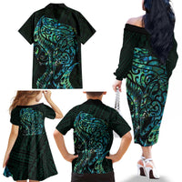 New Zealand Eel Family Matching Off The Shoulder Long Sleeve Dress and Hawaiian Shirt Tuna Aotearoa Maori With Paua Shell - Turquoise