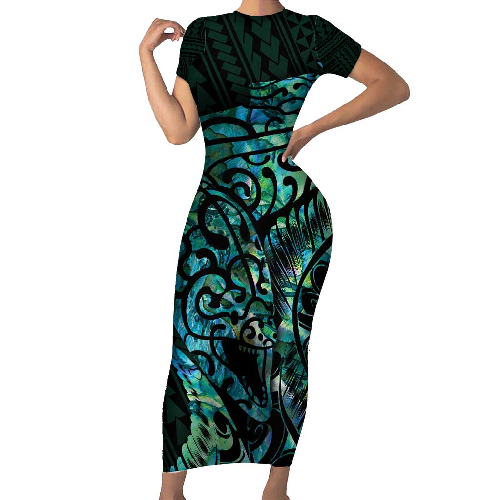New Zealand Eel Family Matching Short Sleeve Bodycon Dress and Hawaiian Shirt Tuna Aotearoa Maori With Paua Shell - Turquoise