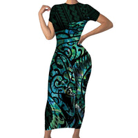 New Zealand Eel Family Matching Short Sleeve Bodycon Dress and Hawaiian Shirt Tuna Aotearoa Maori With Paua Shell - Turquoise