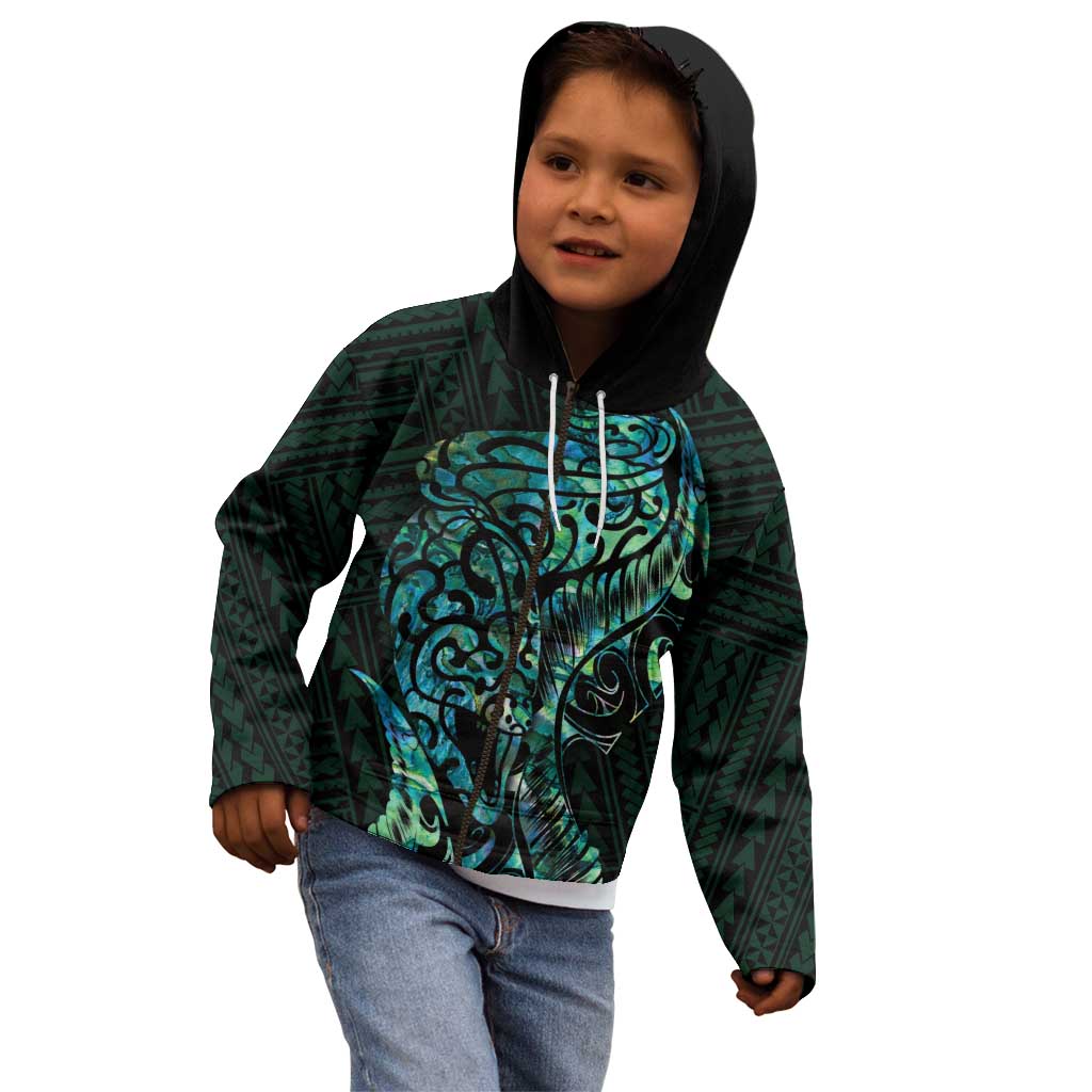 New Zealand Eel Kid Hoodie Tuna Aotearoa Maori With Paua Shell - Turquoise
