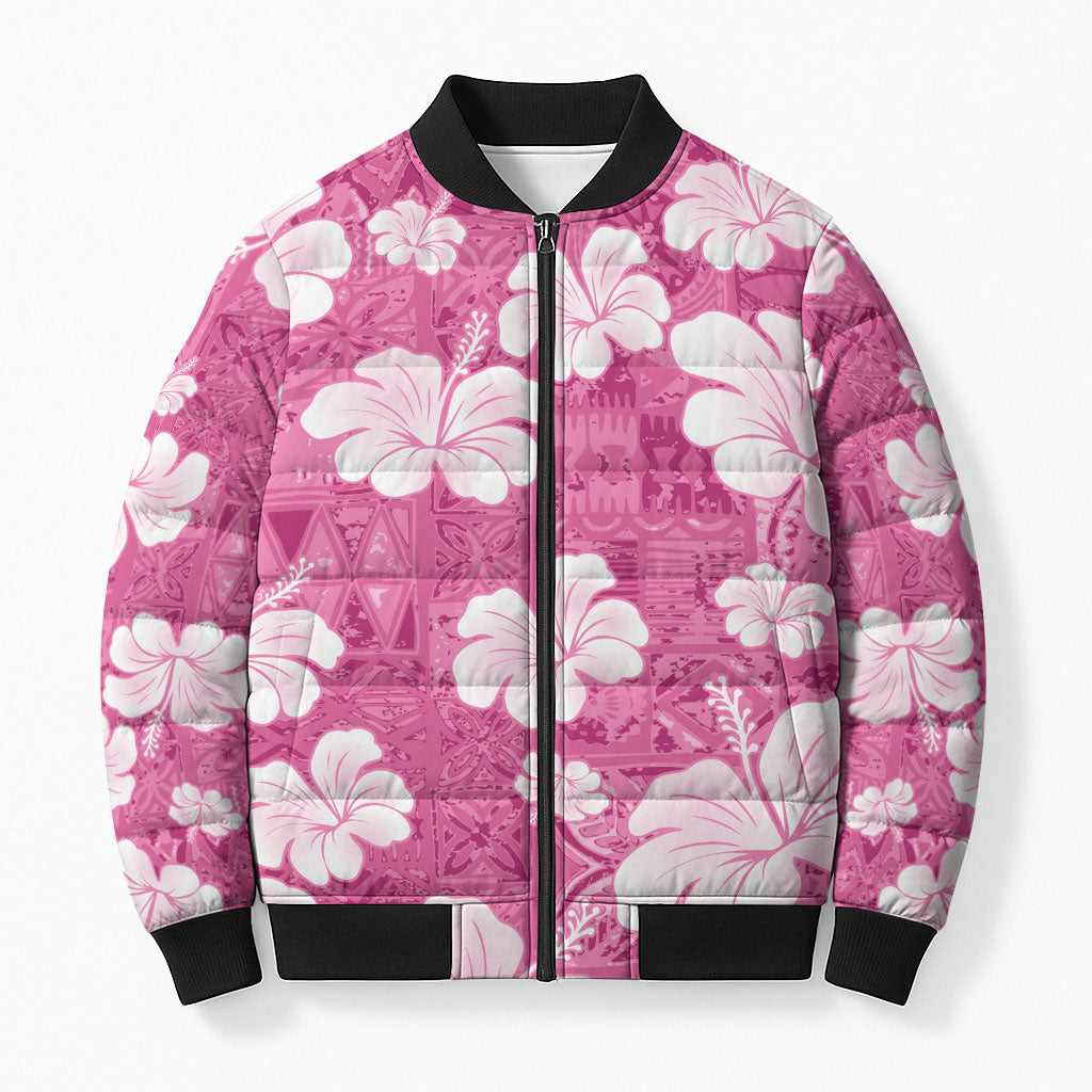 Pink Bula Fiji Masi Hibiscus Seamless Bomber Puffer Jacket
