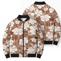 Brown Bula Fiji Masi Hibiscus Seamless Bomber Puffer Jacket