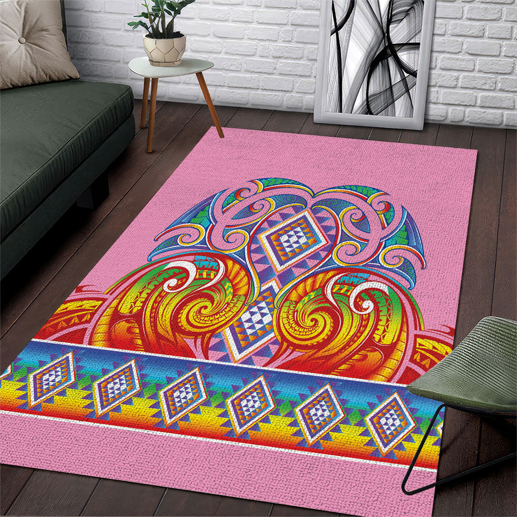 Rainbow Ngaru Taniko With Aotearoa Maori Tattoo Area Rug LT14 Pink - Polynesian Pride