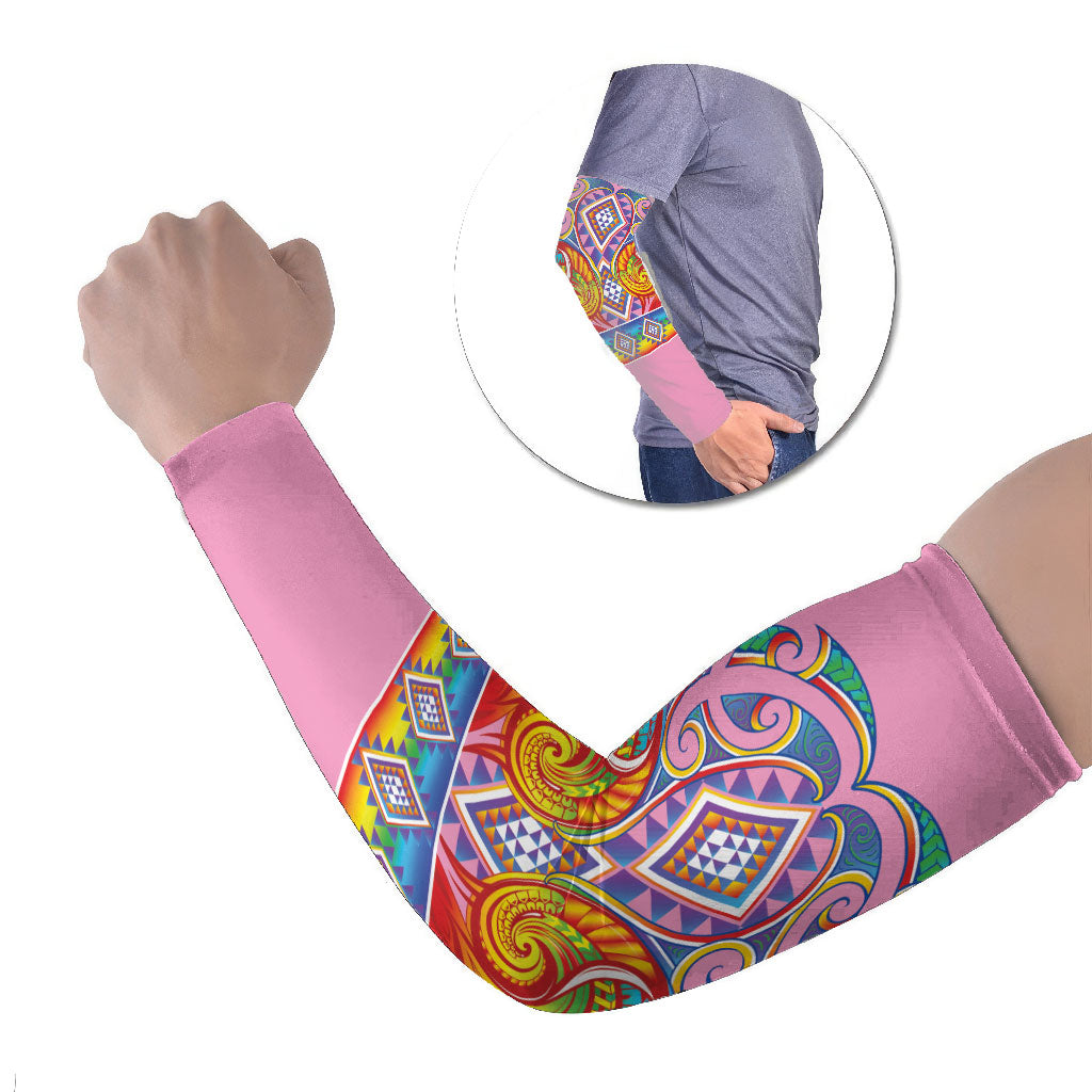 Rainbow Ngaru Taniko With Aotearoa Maori Tattoo Arm Sleeves LT14 Set of 2 Pink - Polynesian Pride