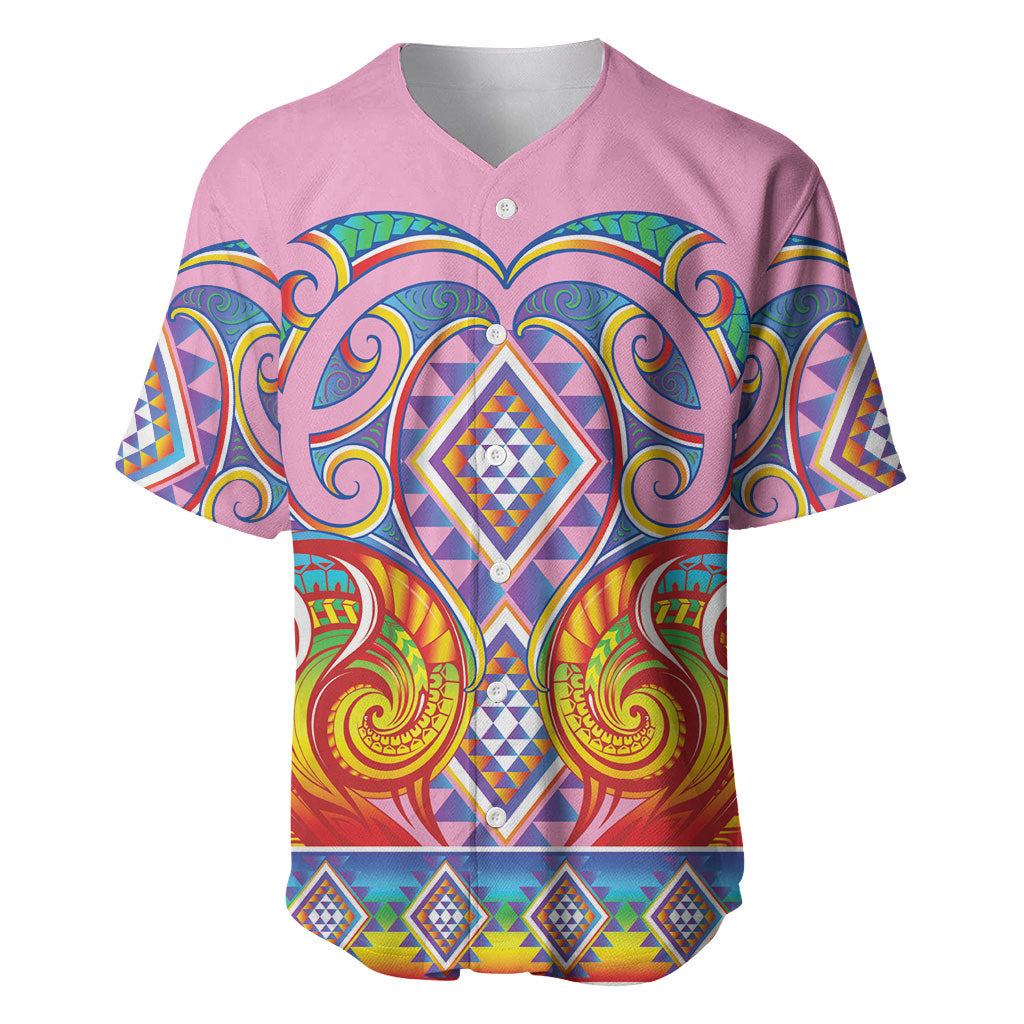 Rainbow Ngaru Taniko With Aotearoa Maori Tattoo Baseball Jersey LT14 Pink - Polynesian Pride