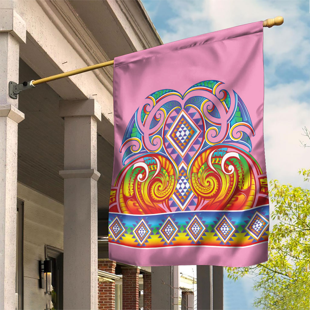 Rainbow Ngaru Taniko With Aotearoa Maori Tattoo Garden Flag LT14 House Flag Pink - Polynesian Pride
