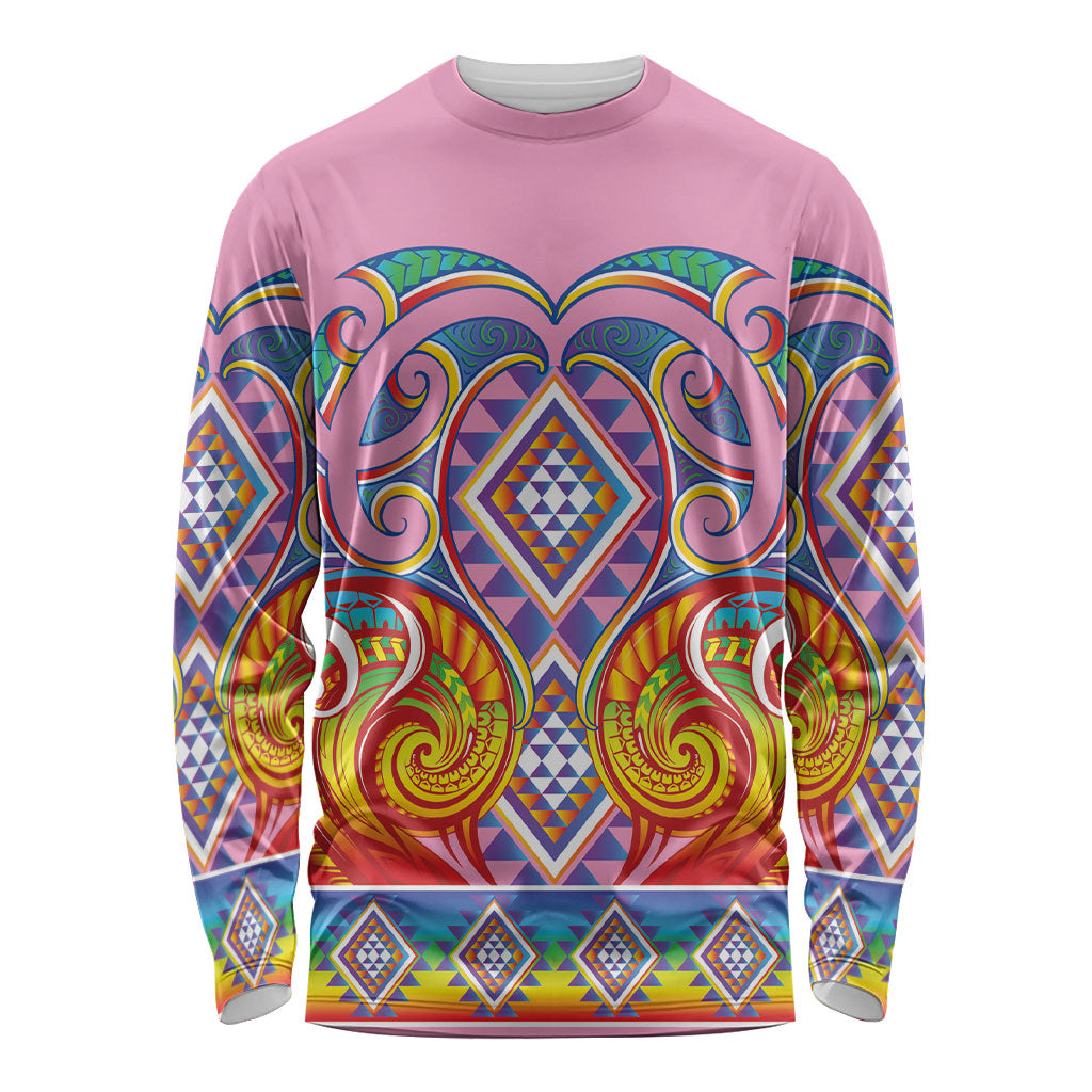 Rainbow Ngaru Taniko With Aotearoa Maori Tattoo Long Sleeve Shirt LT14 Unisex Pink - Polynesian Pride