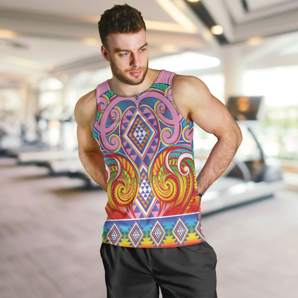 Rainbow Ngaru Taniko With Aotearoa Maori Tattoo Men Tank Top LT14 Pink - Polynesian Pride