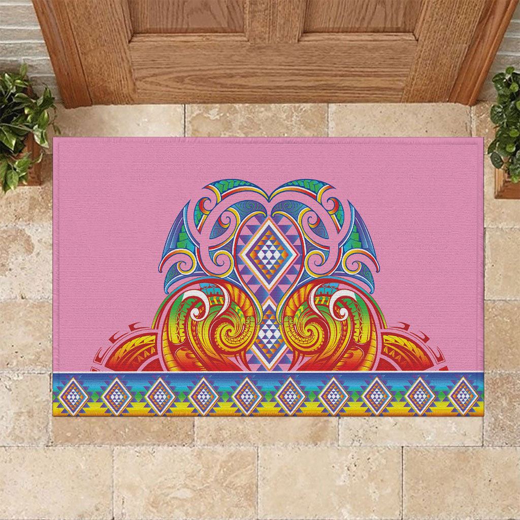 Rainbow Ngaru Taniko With Aotearoa Maori Tattoo Rubber Doormat LT14 Pink - Polynesian Pride