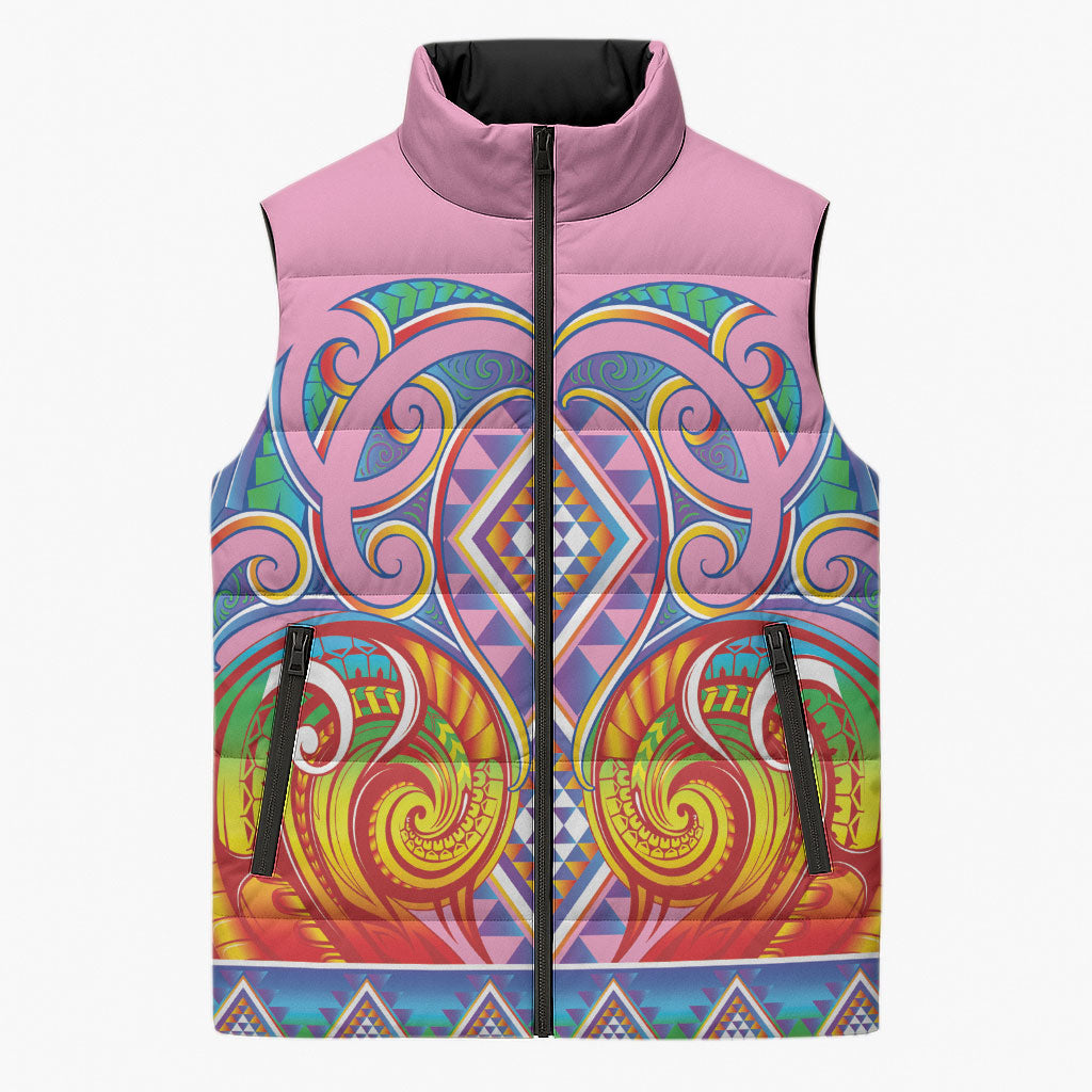 Rainbow Ngaru Taniko With Aotearoa Maori Tattoo Sleeveless Puffer Jacket LT14 Unisex Pink - Polynesian Pride