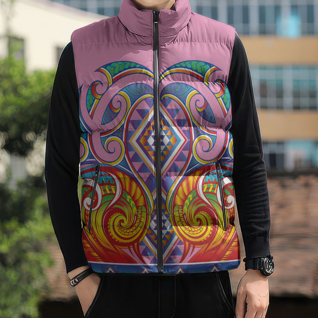 Rainbow Ngaru Taniko With Aotearoa Maori Tattoo Sleeveless Puffer Jacket LT14 - Polynesian Pride