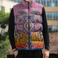Rainbow Ngaru Taniko With Aotearoa Maori Tattoo Sleeveless Puffer Jacket LT14 - Polynesian Pride