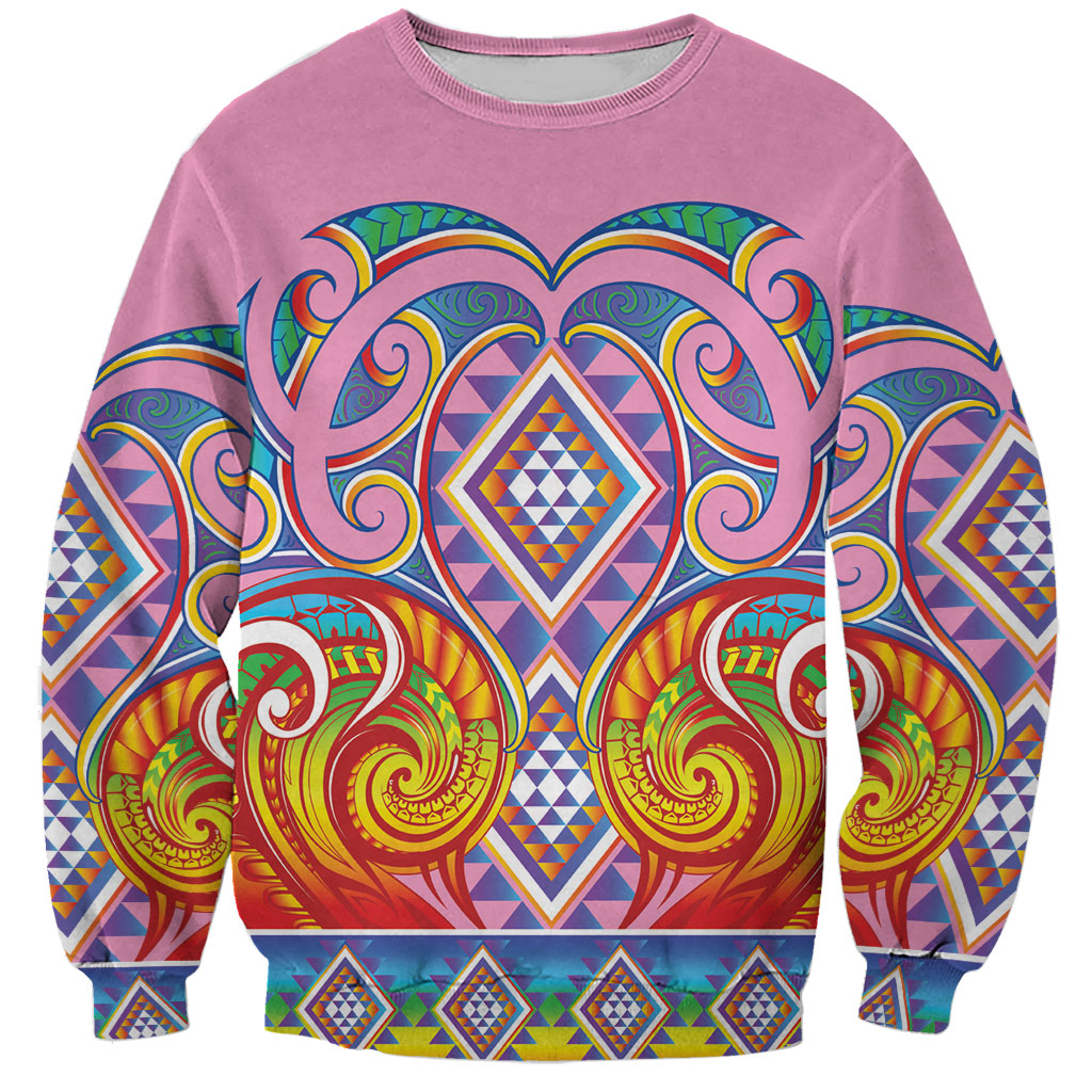 Rainbow Ngaru Taniko With Aotearoa Maori Tattoo Sweatshirt LT14 Unisex Pink - Polynesian Pride
