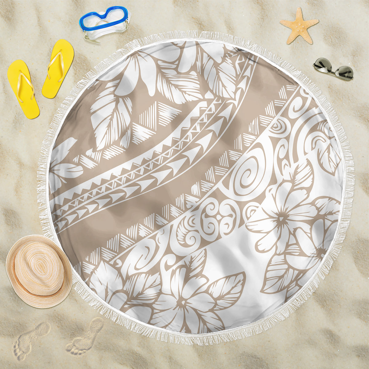 Polynesia Beach Blanket Polynesian Tropical Flowers Beige Pastel Vibes LT14 One Size 150cm Begie - Wonder Print Shop