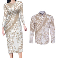 Polynesia Couples Matching Long Sleeve Bodycon Dress and Long Sleeve Button Shirts Polynesian Tropical Flowers Beige Pastel Vibes LT14 Beige - Polynesian Pride