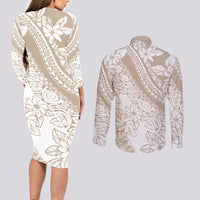 Polynesia Couples Matching Long Sleeve Bodycon Dress and Long Sleeve Button Shirts Polynesian Tropical Flowers Beige Pastel Vibes LT14 - Polynesian Pride