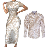 Polynesia Couples Matching Short Sleeve Bodycon Dress and Long Sleeve Button Shirts Polynesian Tropical Flowers Beige Pastel Vibes LT14 Beige - Polynesian Pride