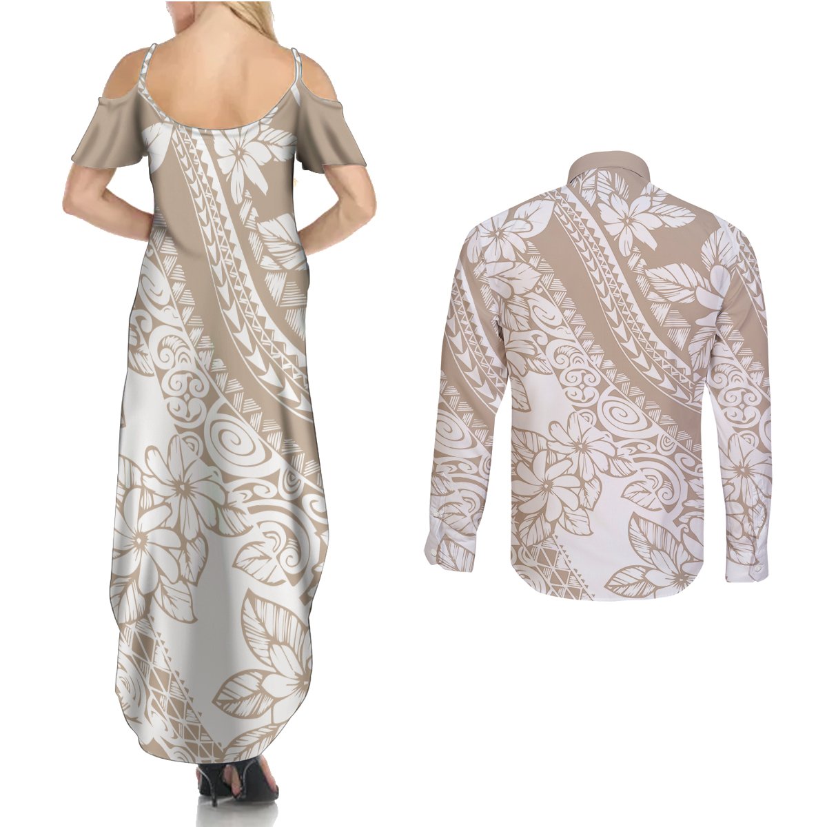 Polynesia Couples Matching Summer Maxi Dress and Long Sleeve Button Shirts Polynesian Tropical Flowers Beige Pastel Vibes LT14 - Polynesian Pride