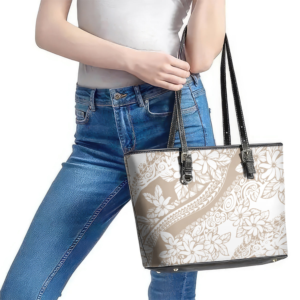 Polynesia Leather Tote Bag Polynesian Tropical Flowers Begie Pastel Vibes LT14 - Polynesian Pride