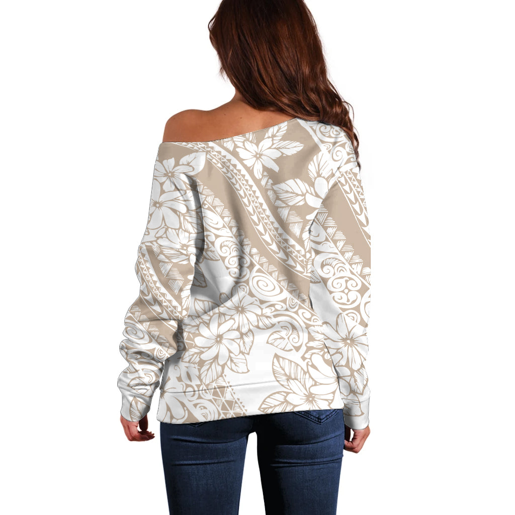 Polynesia Off Shoulder Sweater Polynesian Tropical Flowers Beige Pastel Vibes LT14 - Polynesian Pride