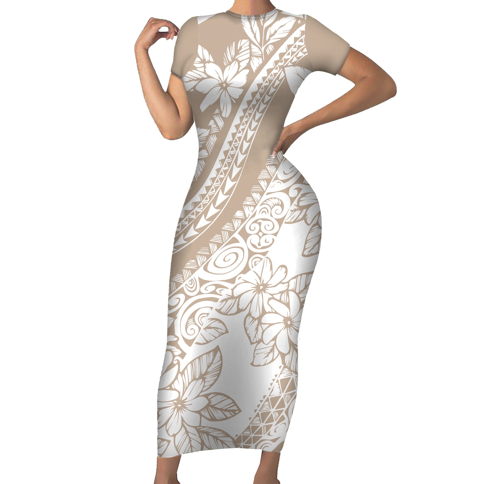 Polynesia Short Sleeve Bodycon Dress Polynesian Tropical Flowers Beige Pastel Vibes LT14 Long Dress Beige - Polynesian Pride