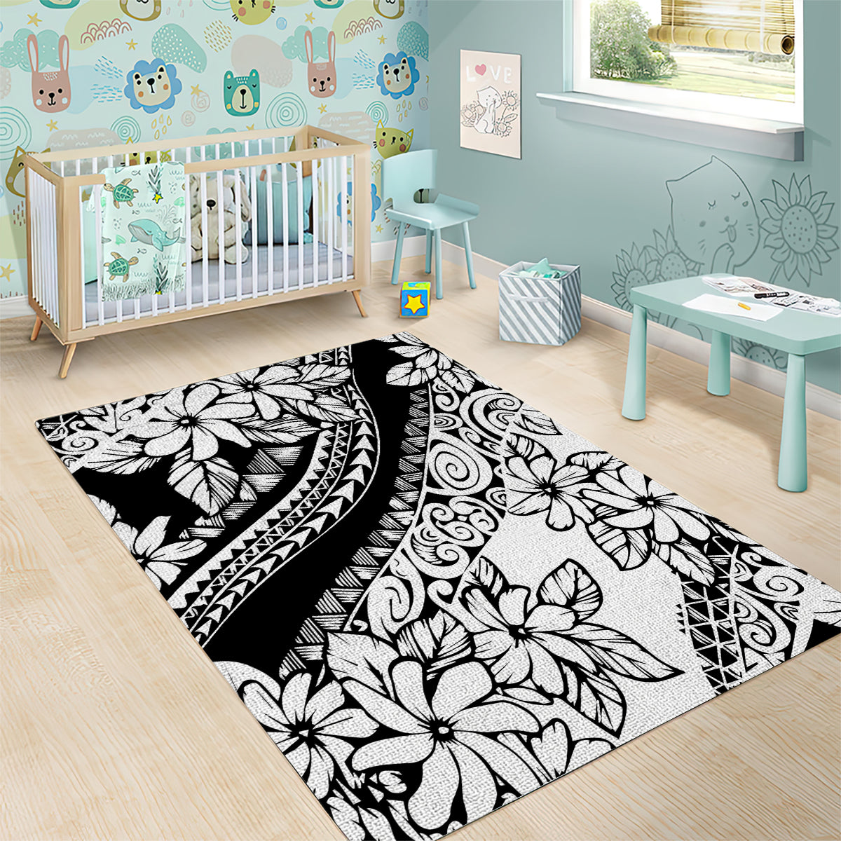 Polynesia Area Rug Polynesian Tropical Flowers Black Pastel Vibes LT14 - Polynesian Pride