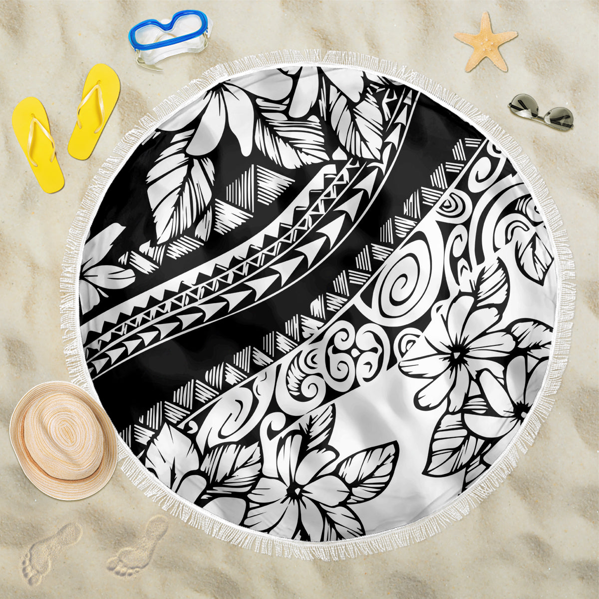Polynesia Beach Blanket Polynesian Tropical Flowers Black Pastel Vibes LT14 One Size 150cm Black - Wonder Print Shop
