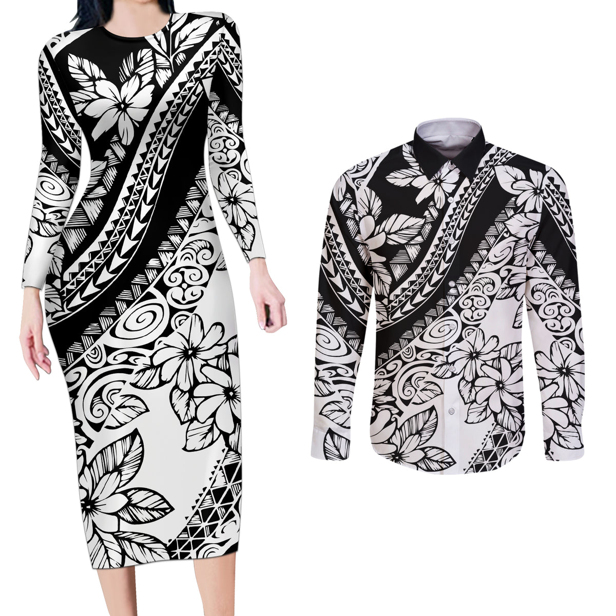 Polynesia Couples Matching Long Sleeve Bodycon Dress and Long Sleeve Button Shirts Polynesian Tropical Flowers Black Pastel Vibes LT14 Black - Polynesian Pride