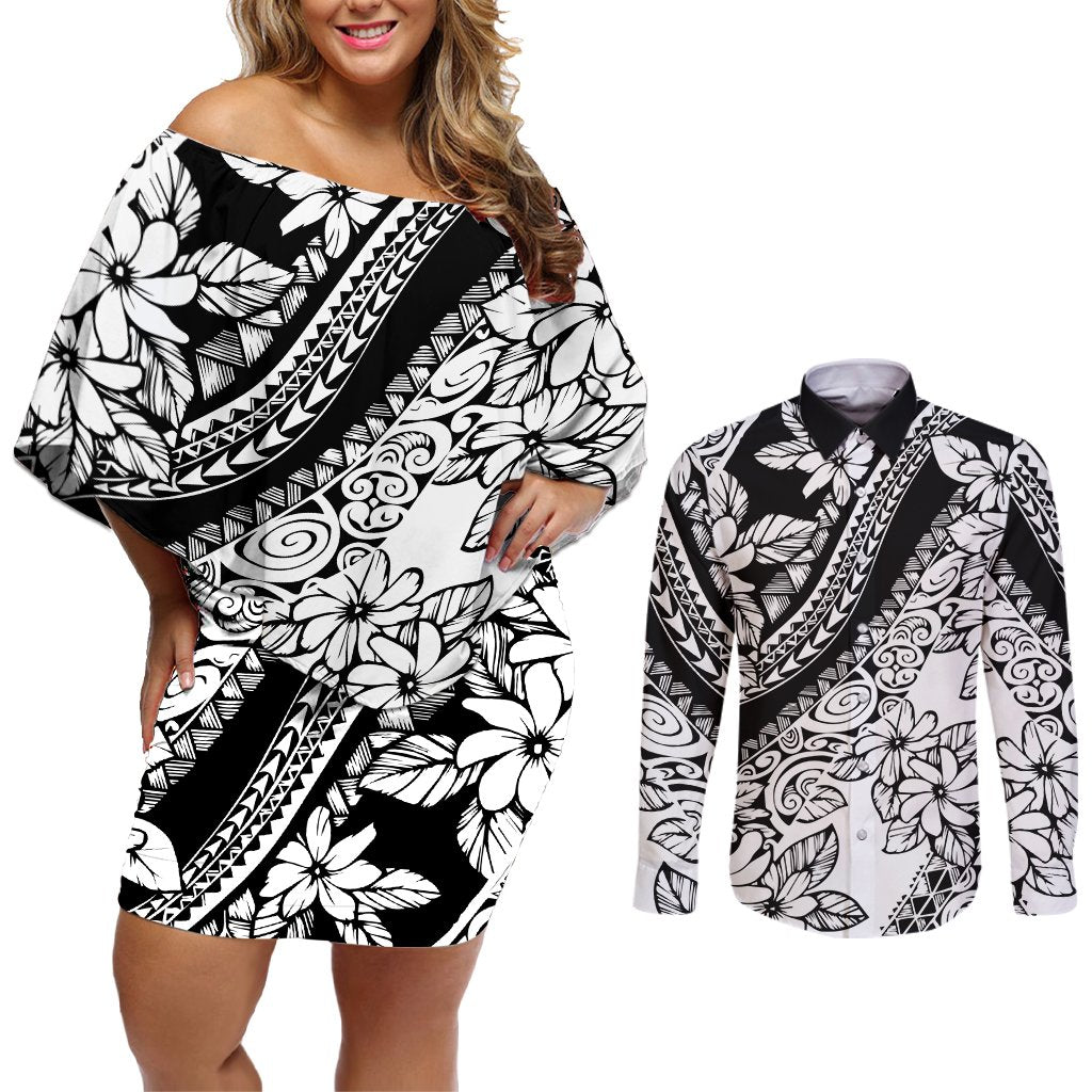 polynesia-couples-matching-off-shoulder-short-dress-and-long-sleeve-button-shirts-polynesian-tropical-flowers-black-pastel-vibes