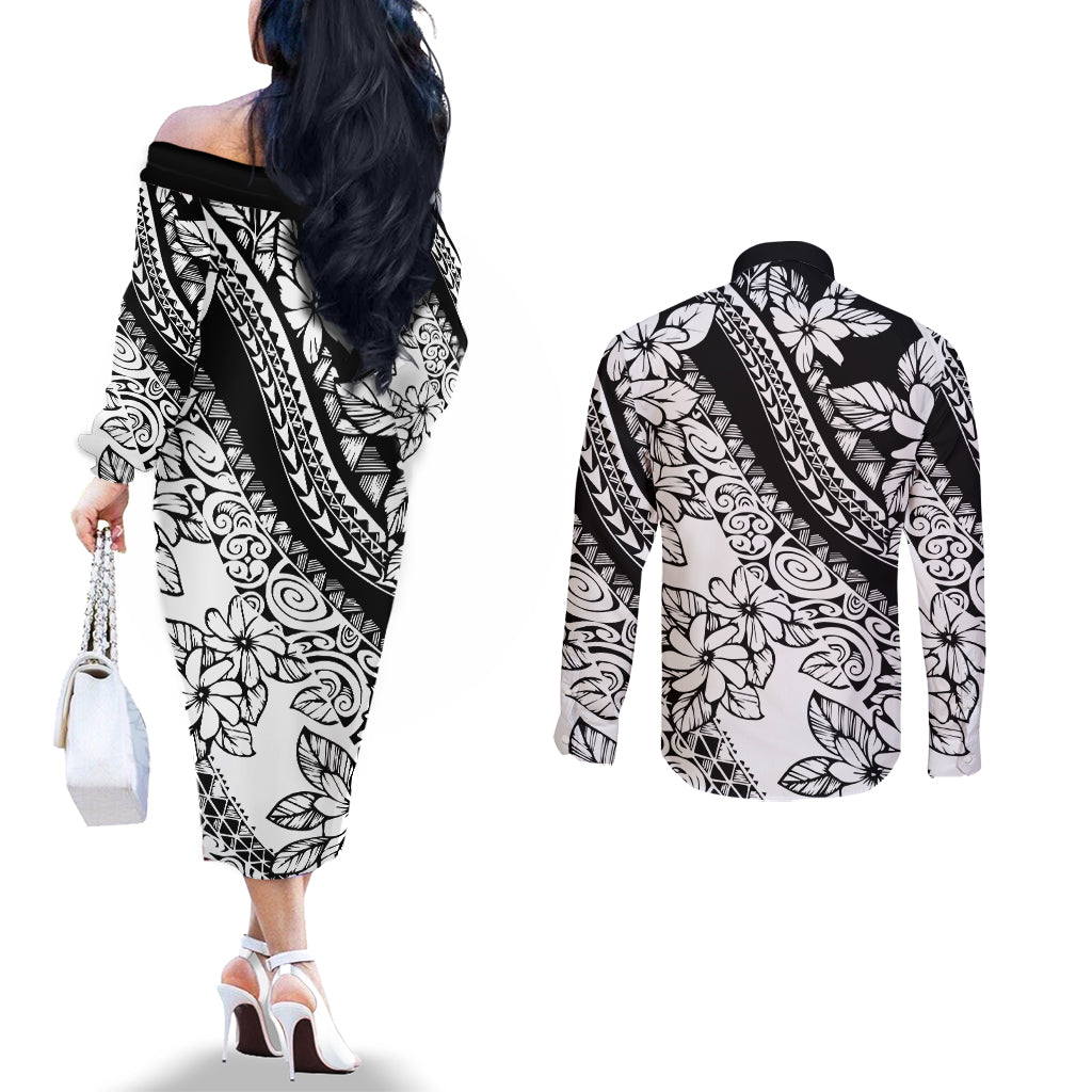 polynesia-couples-matching-off-the-shoulder-long-sleeve-dress-and-long-sleeve-button-shirts-polynesian-tropical-flowers-black-pastel-vibes