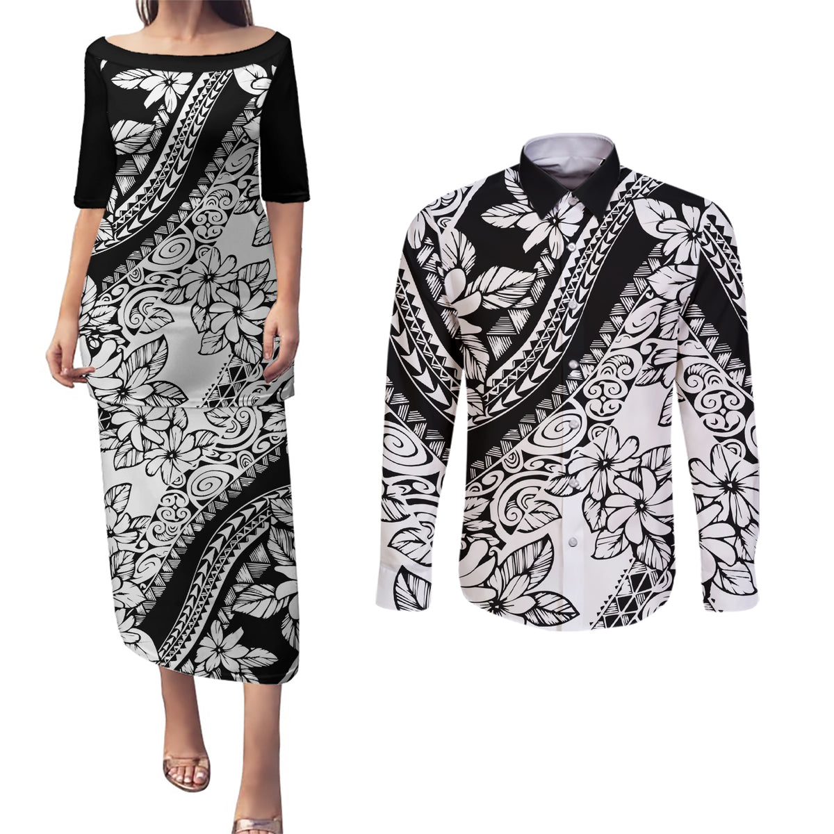 polynesia-couples-matching-puletasi-dress-and-long-sleeve-button-shirts-polynesian-tropical-flowers-black-pastel-vibes