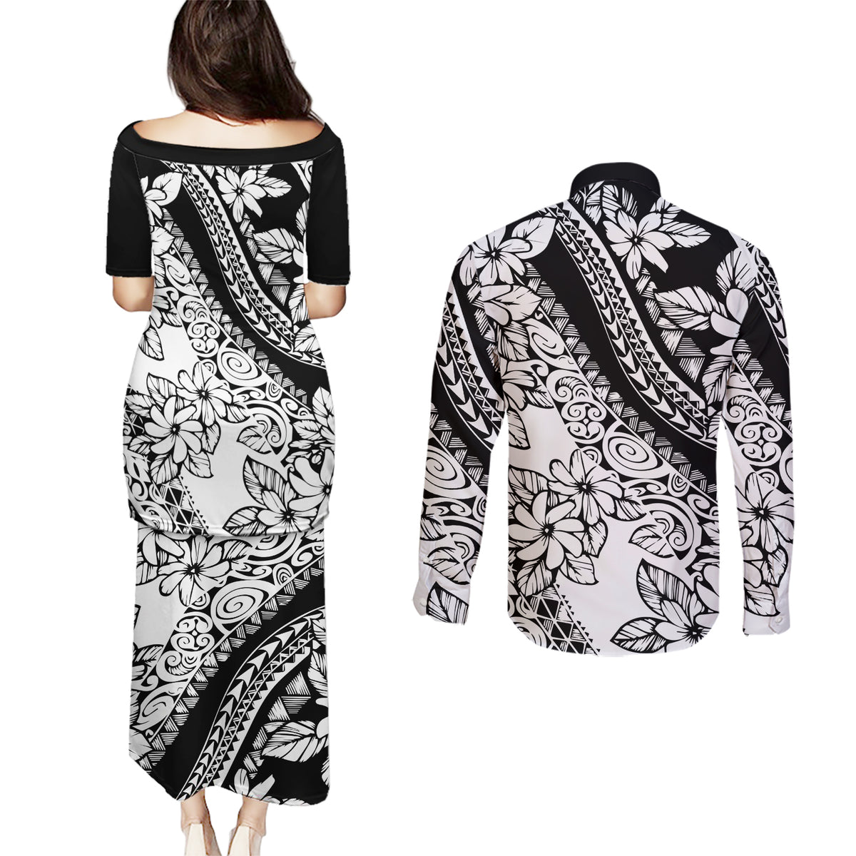 polynesia-couples-matching-puletasi-dress-and-long-sleeve-button-shirts-polynesian-tropical-flowers-black-pastel-vibes