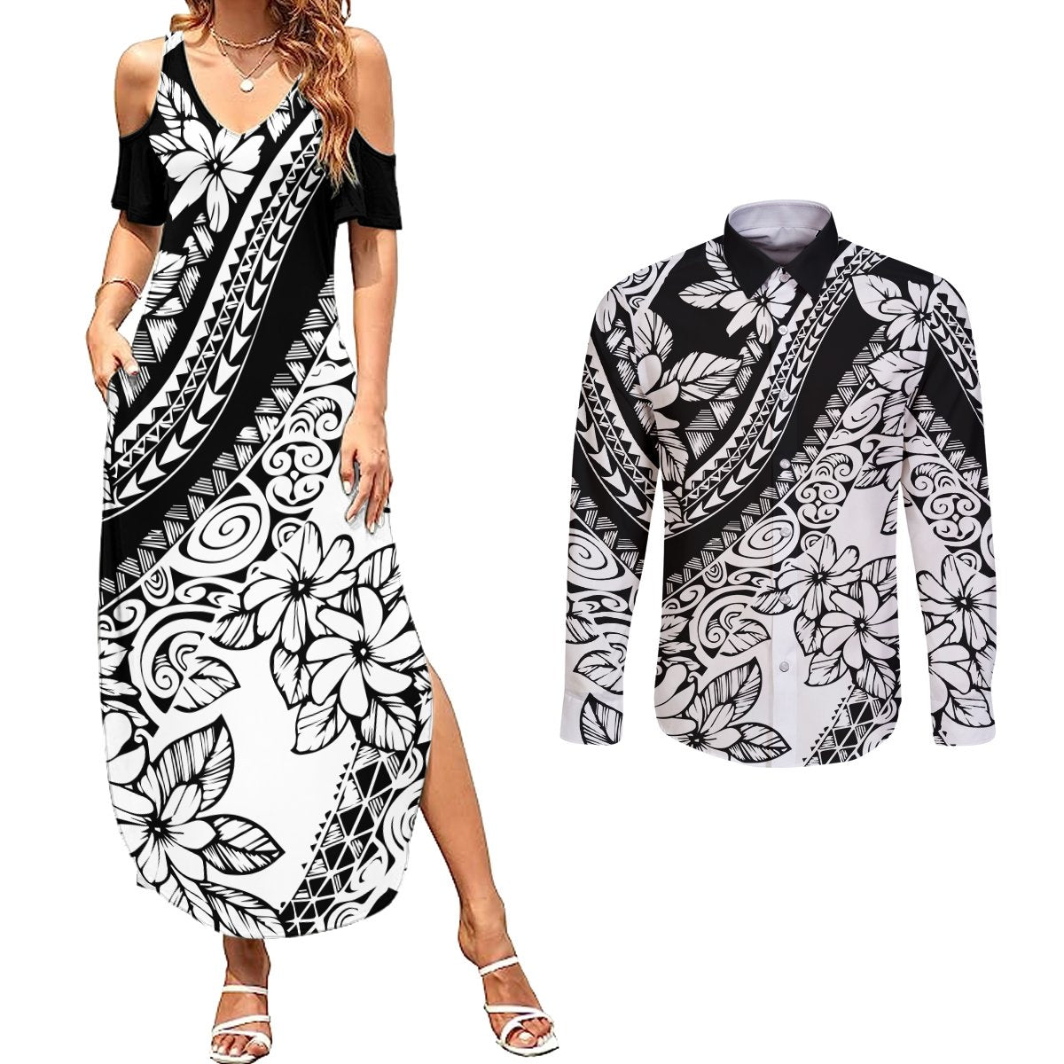 polynesia-couples-matching-summer-maxi-dress-and-long-sleeve-button-shirts-polynesian-tropical-flowers-black-pastel-vibes