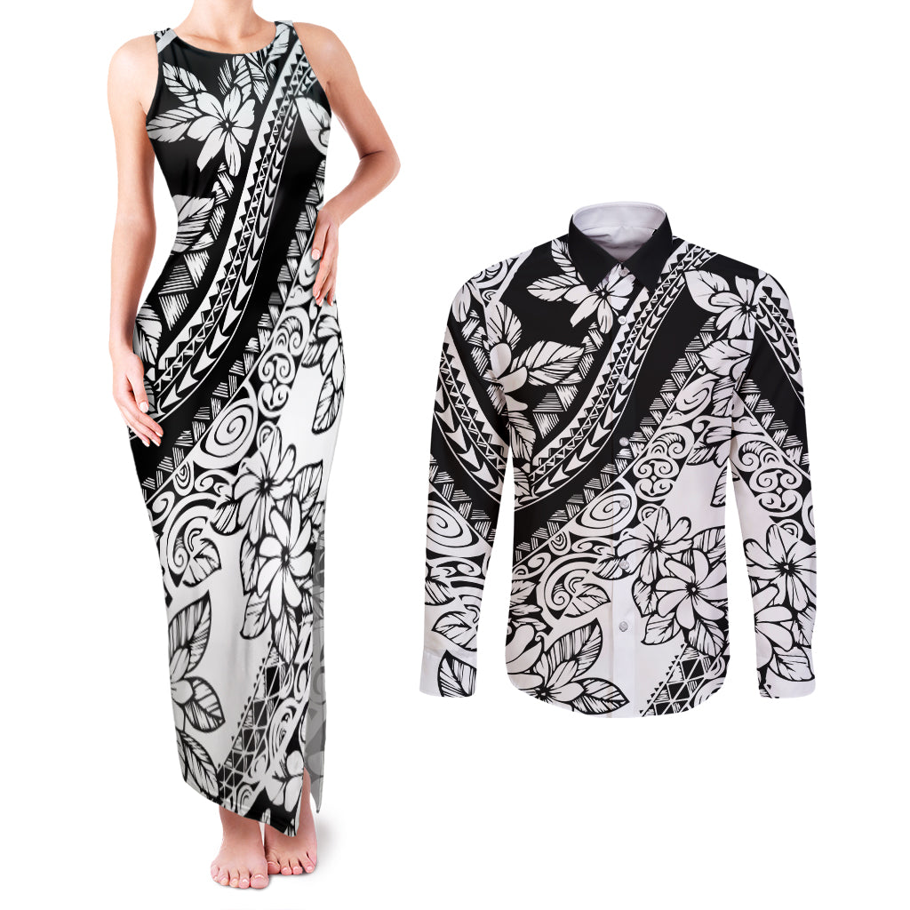 polynesia-couples-matching-tank-maxi-dress-and-long-sleeve-button-shirts-polynesian-tropical-flowers-black-pastel-vibes