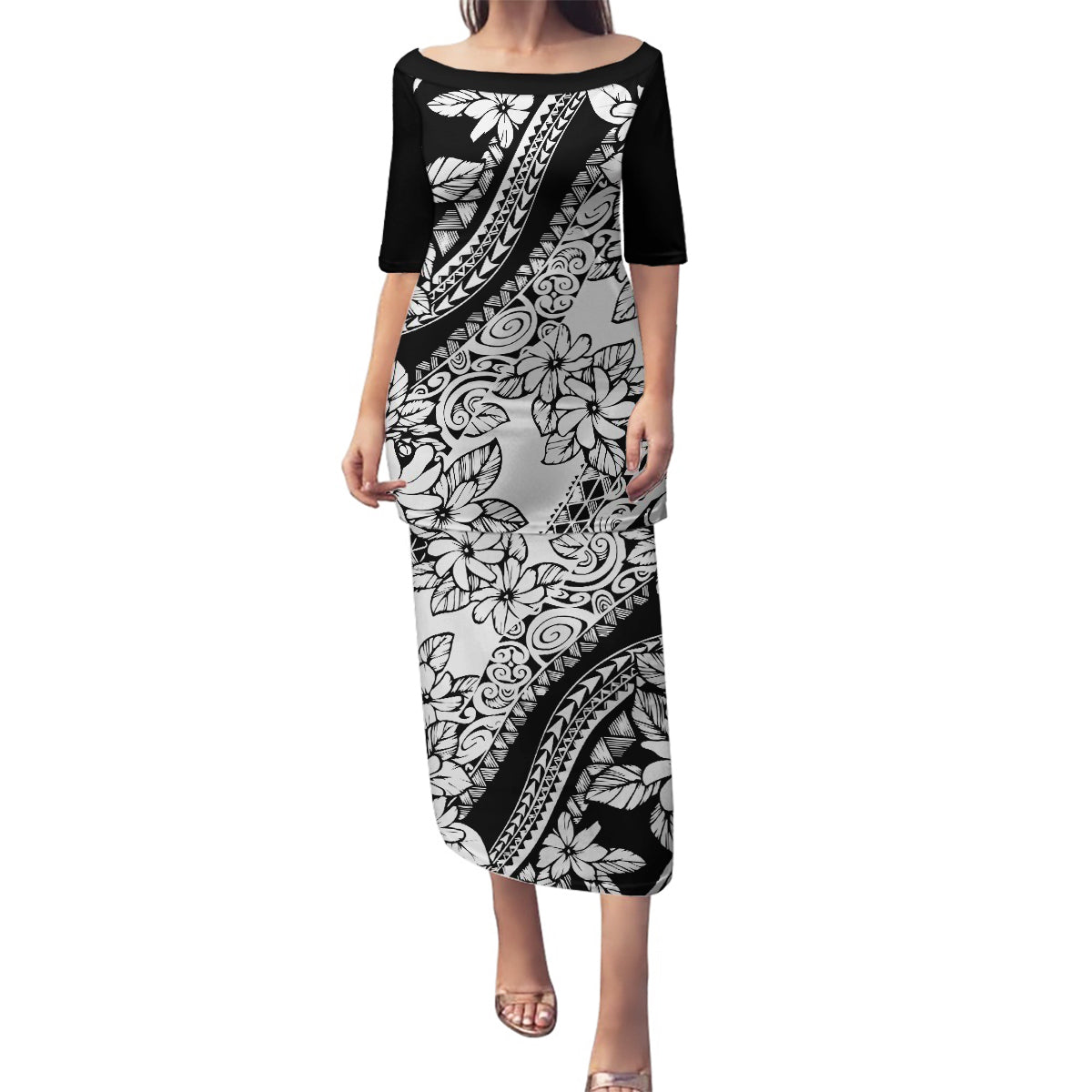 Polynesia Family Matching Puletasi Dress and Hawaiian Shirt Polynesian Tropical Flowers Black Pastel Vibes LT14 Mom's Dress Black - Polynesian Pride