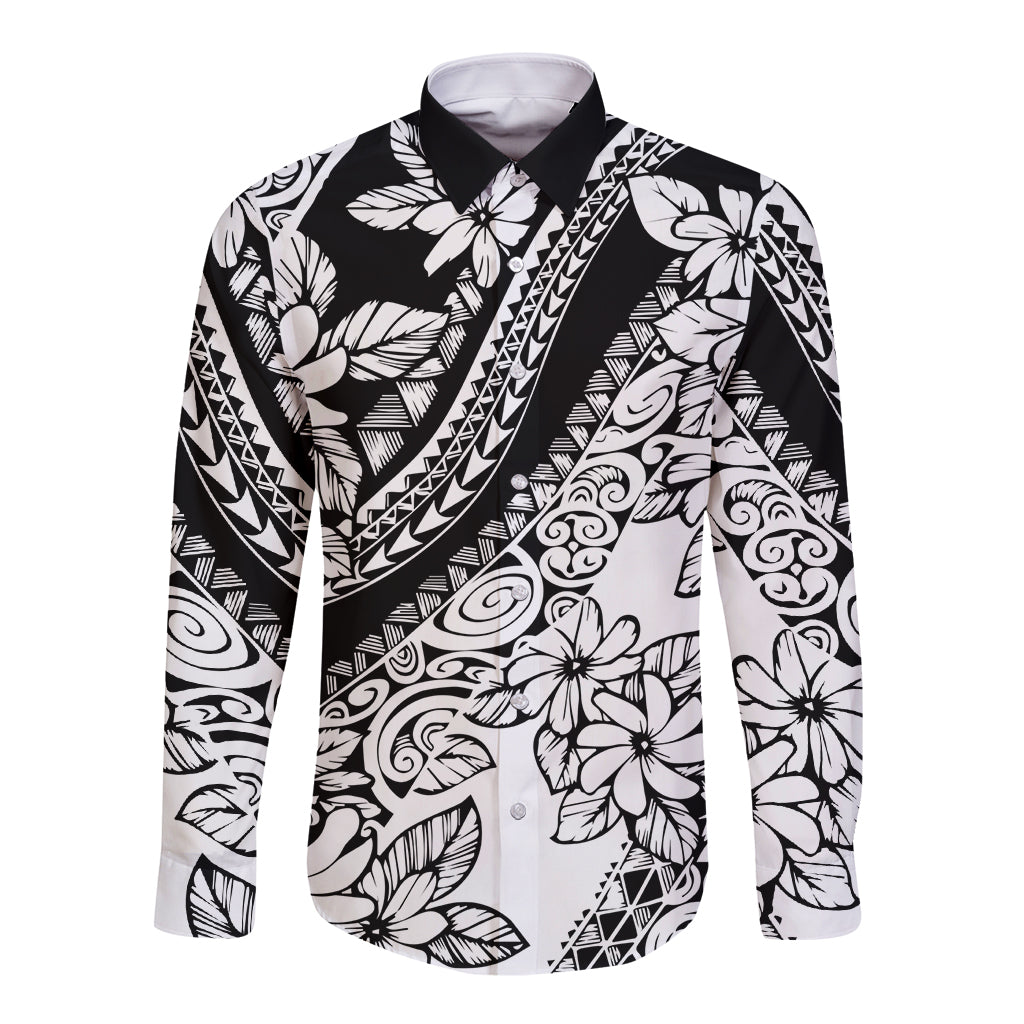 Polynesia Long Sleeve Button Shirt Polynesian Tropical Flowers Black Pastel Vibes LT14 Unisex Black - Polynesian Pride