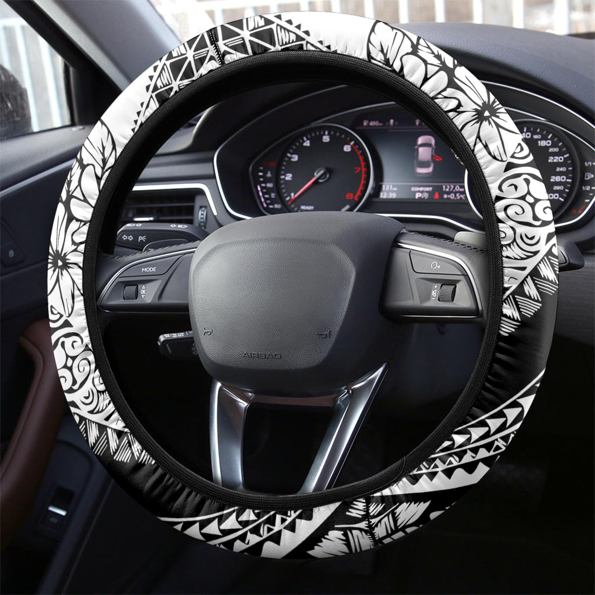 Polynesia Steering Wheel Cover Polynesian Tropical Flowers Black Pastel Vibes