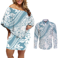 polynesia-couples-matching-off-shoulder-short-dress-and-long-sleeve-button-shirts-polynesian-tropical-flowers-blue-pastel-vibes