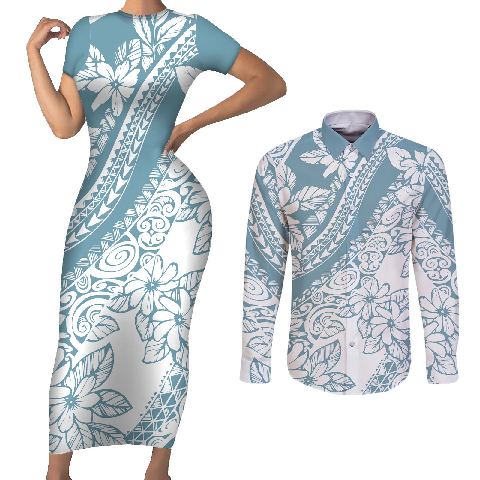 Polynesia Couples Matching Short Sleeve Bodycon Dress and Long Sleeve Button Shirts Polynesian Tropical Flowers Blue Pastel Vibes LT14 Blue - Polynesian Pride