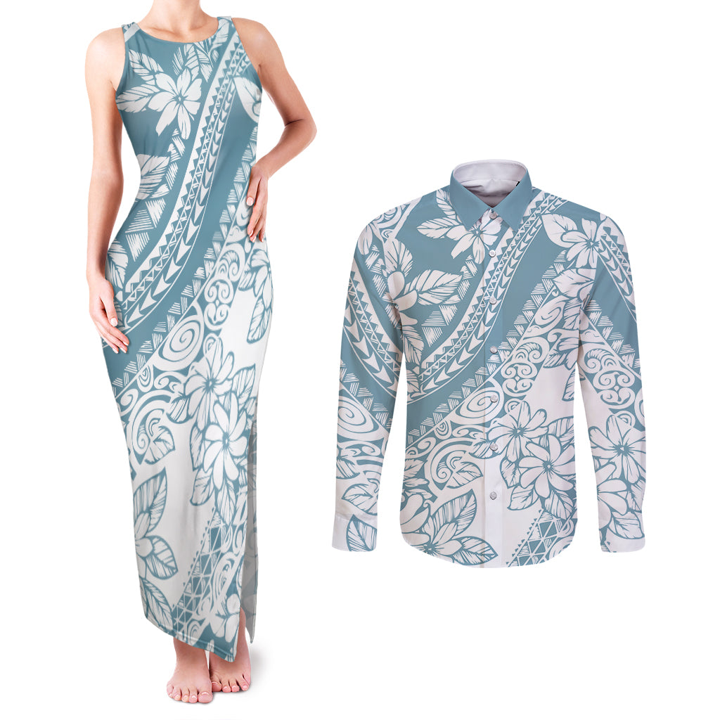 polynesia-couples-matching-tank-maxi-dress-and-long-sleeve-button-shirts-polynesian-tropical-flowers-blue-pastel-vibes