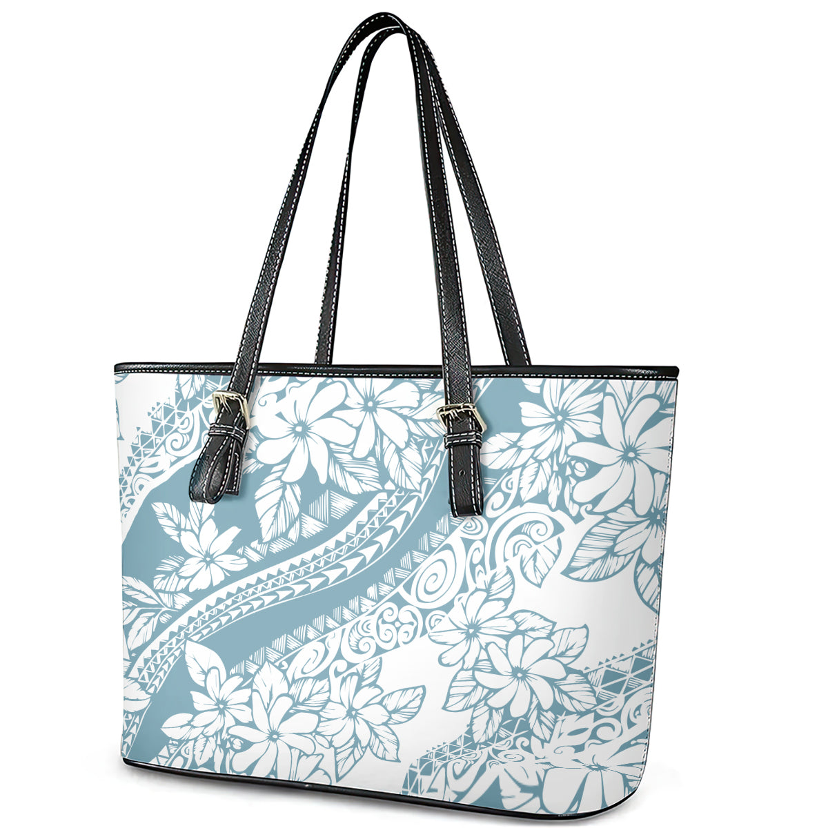 Polynesia Leather Tote Bag Polynesian Tropical Flowers Blue Pastel Vibes LT14 - Polynesian Pride